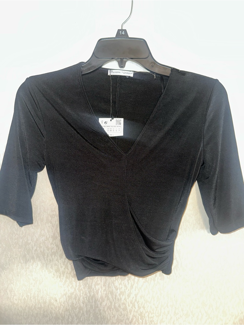 Zara Black V-Neck Wrap-Front Short Sleeve Top